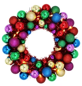 16" Royal Ball Wreath with Battery Powered Warm White LEDs