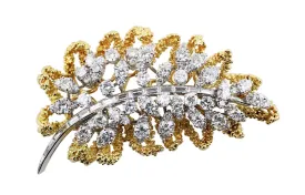 18k Yellow Gold Platinum Diamond Leaf Brooch