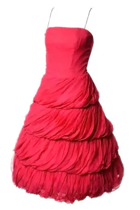 1950s Frank Usher Vintage Dress in Tiered Fine Red Silk Chiffon