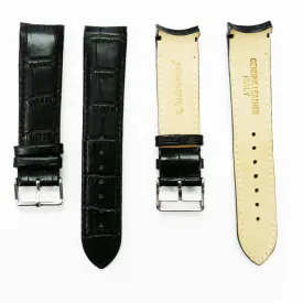 Alligator Curved Genuine Leather Watch Strap, Black Color, 22MM, Padded, Black Stitched, Regular Size, Silver Buckle, Watch Band Replacement