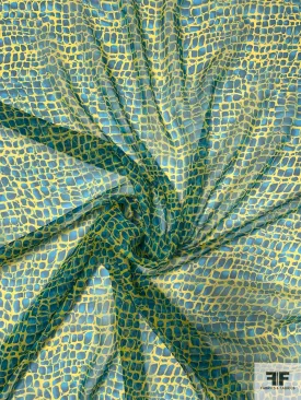 Animal-Like Pattern Printed Silk Chiffon - Bold Yellow / Shades of Blue