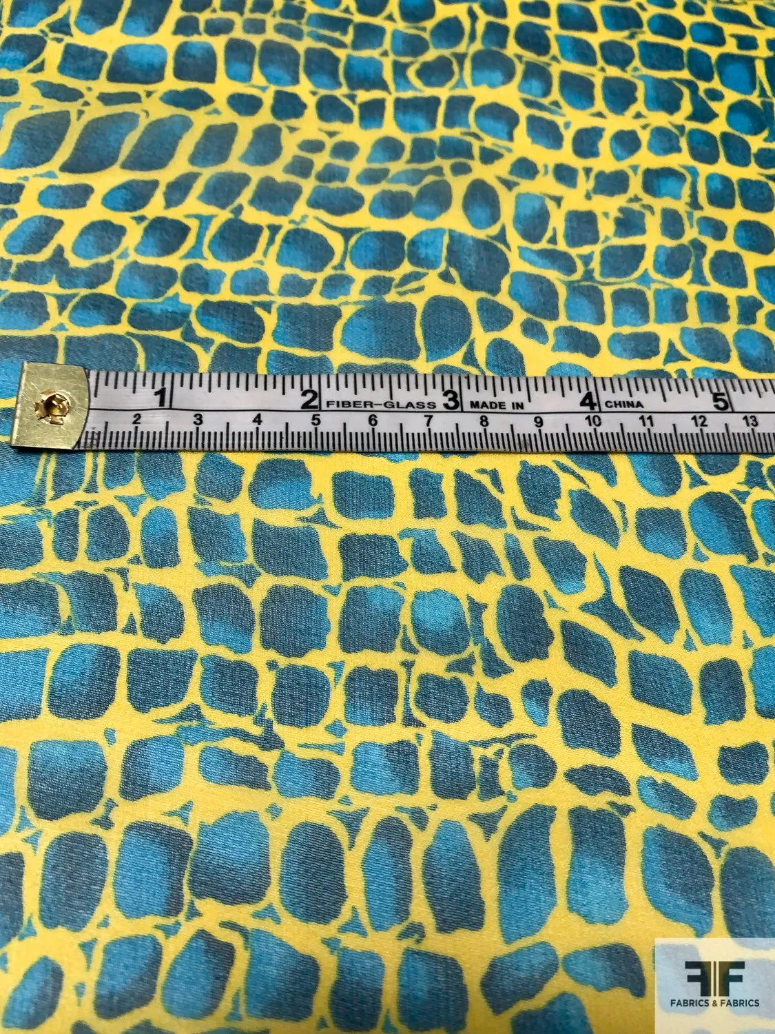 Animal-Like Pattern Printed Silk Chiffon - Bold Yellow / Shades of Blue