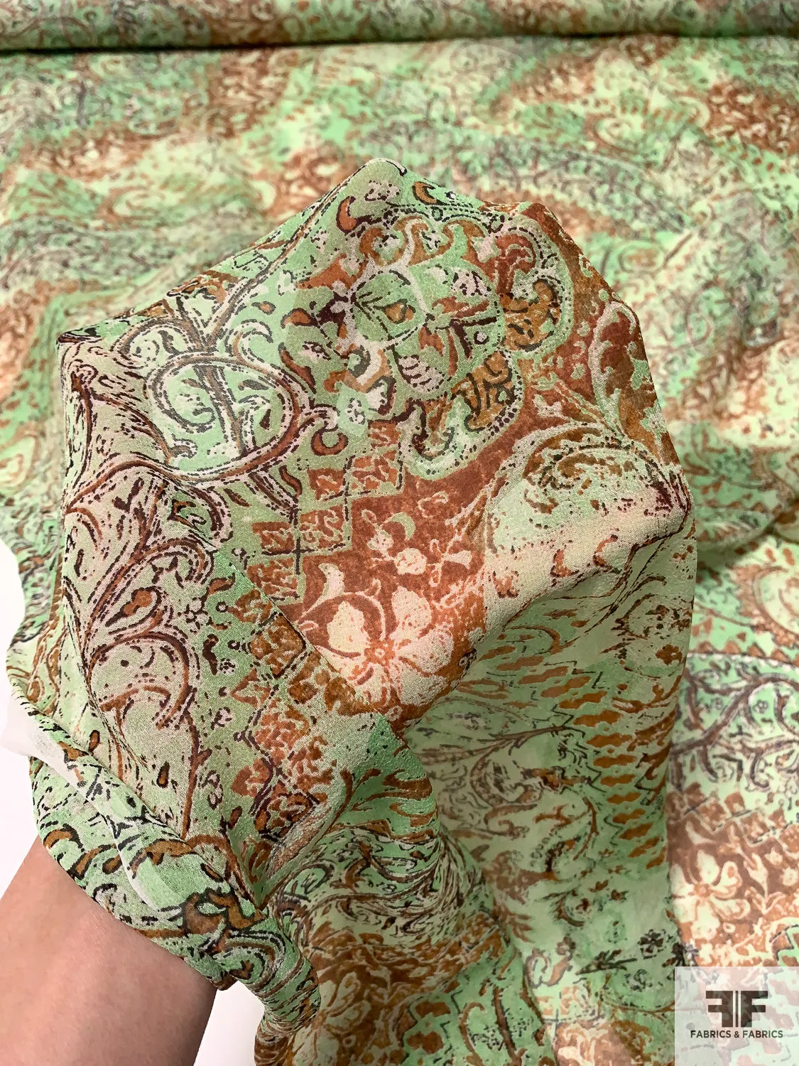 Antiquated Paisley Printed Silk Chiffon - Summer Green / Browns / Black