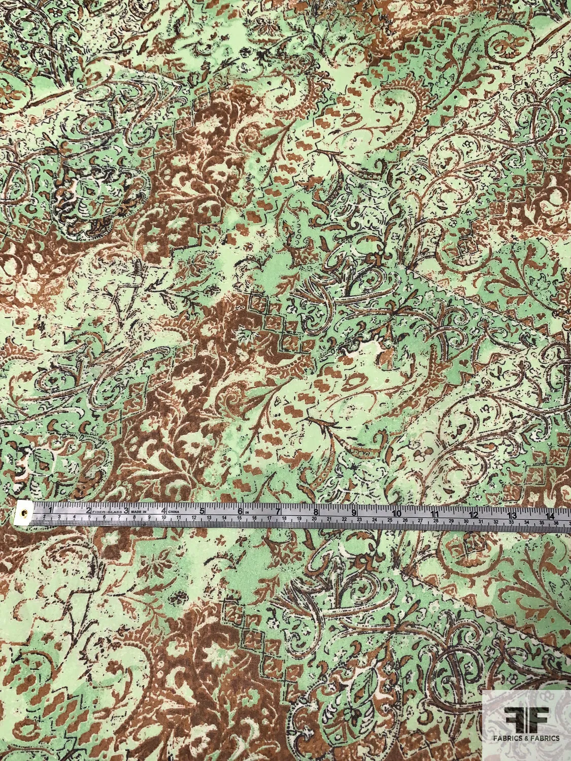 Antiquated Paisley Printed Silk Chiffon - Summer Green / Browns / Black