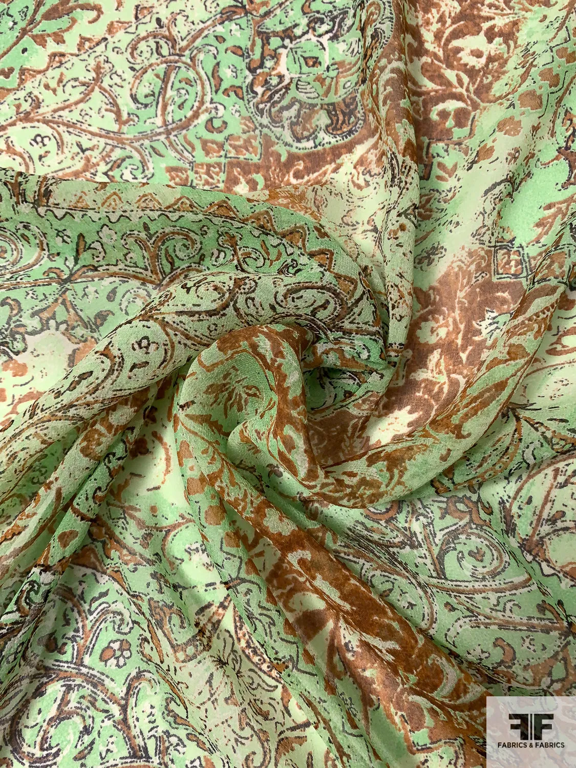 Antiquated Paisley Printed Silk Chiffon - Summer Green / Browns / Black