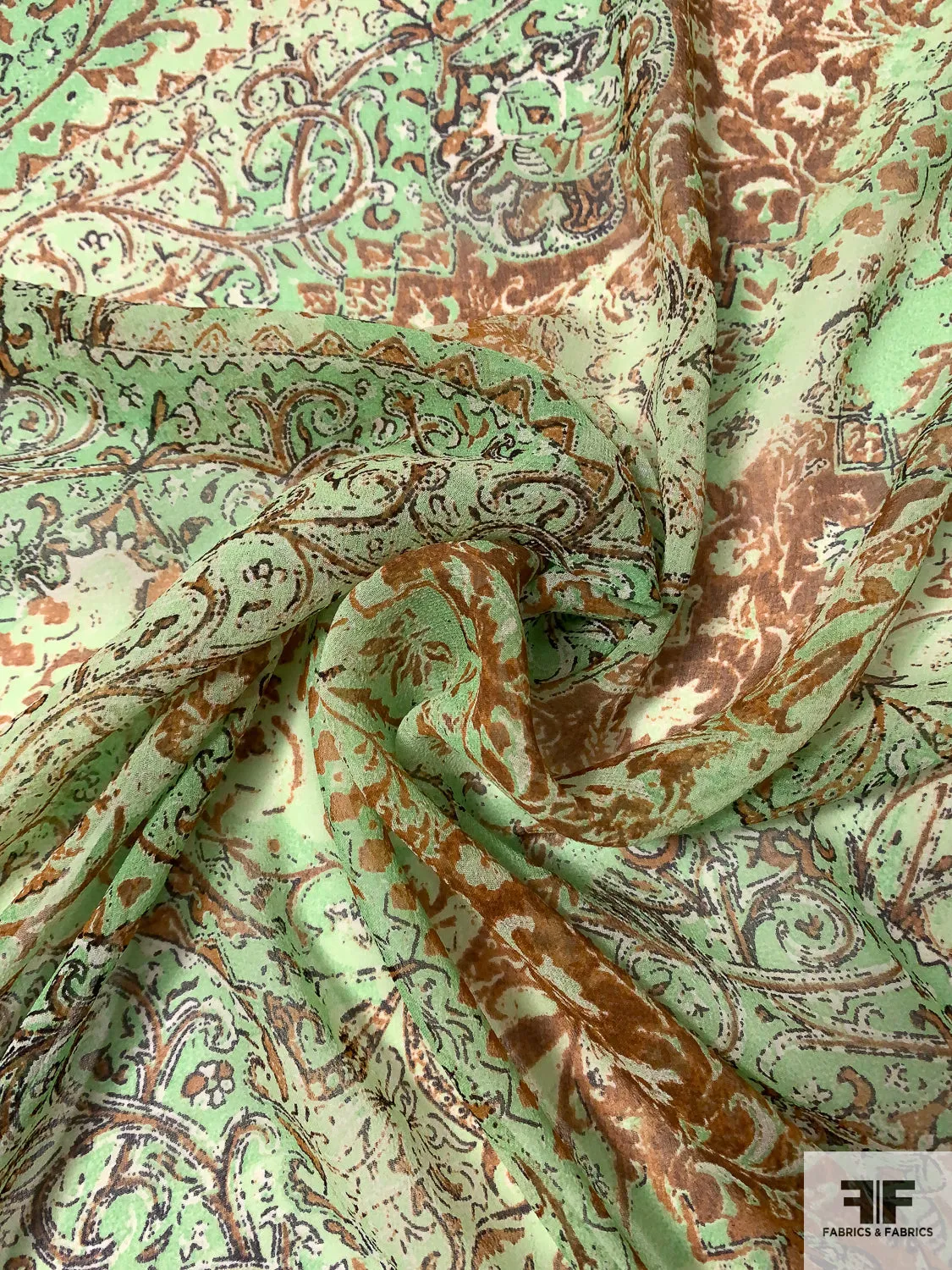 Antiquated Paisley Printed Silk Chiffon - Summer Green / Browns / Black