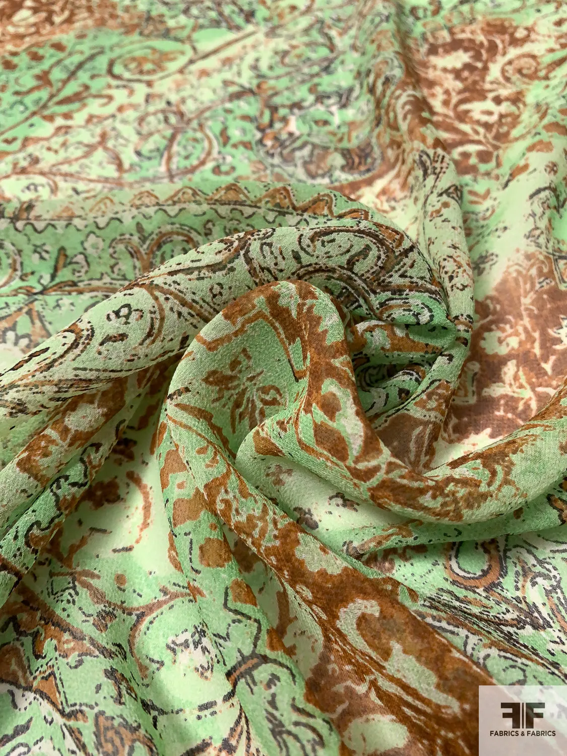 Antiquated Paisley Printed Silk Chiffon - Summer Green / Browns / Black