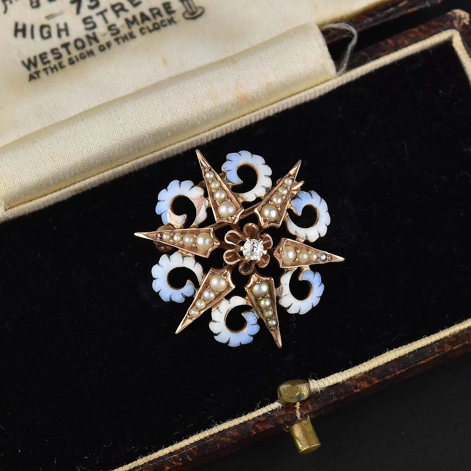 Antique Enamel Pearl Star Brooch Pendant 14K Gold