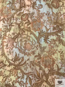 Antique Inspired Ornate Floral Printed Silk Chiffon - Earth Tones