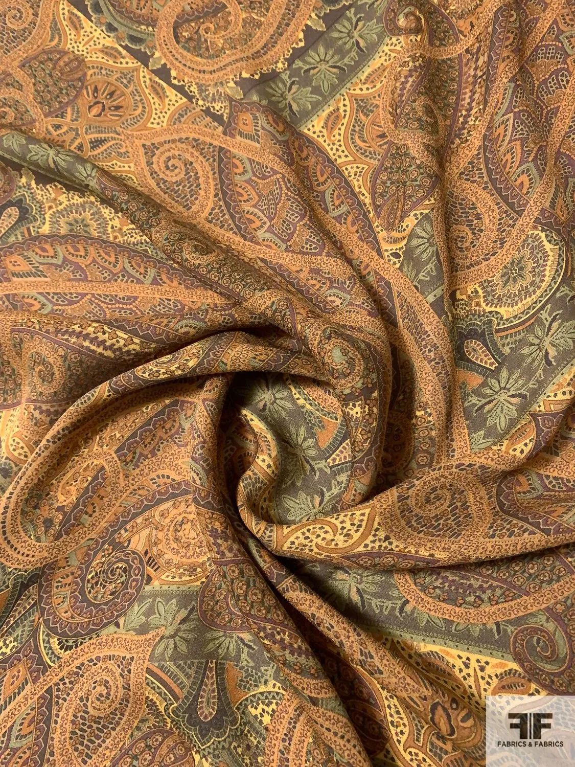 Antique Paisley Printed Silk Georgette - Caramel / Browns / Greens