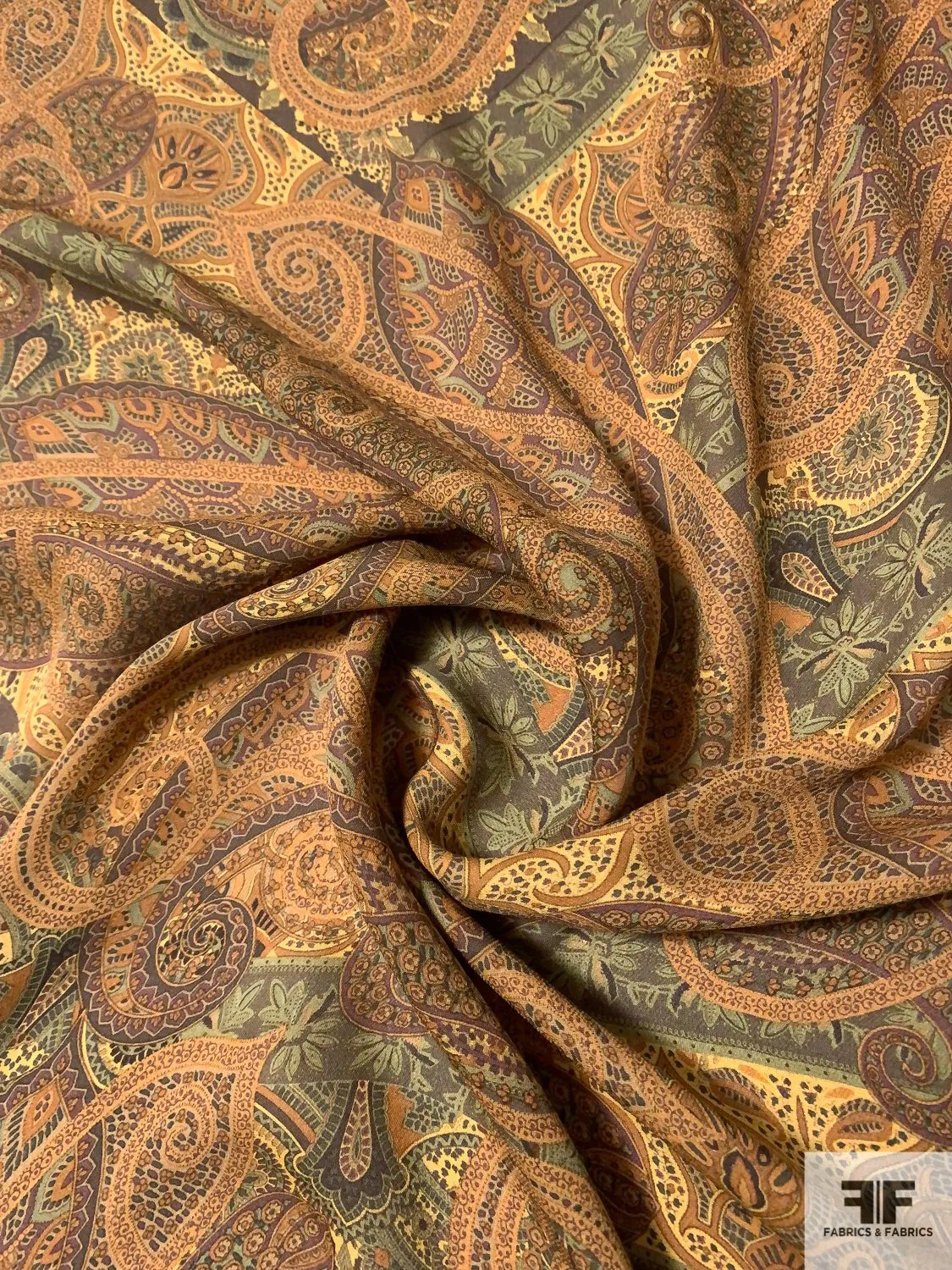 Antique Paisley Printed Silk Georgette - Caramel / Browns / Greens