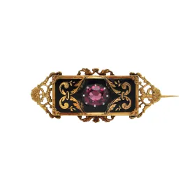 Antique Rhodolite Garnet and Enamel Gold Brooch