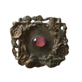 Art Nouveau Golden Metal Buckle Piece with Purple Czech Glass Accent circa 1910s