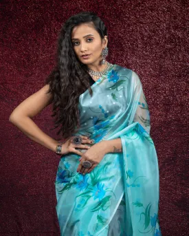 Baby Blue And Green Floral Pattern Digtal Print Liquid Organza Saree With Tassles