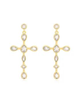 Bezel Stone Cross Studs- Gold