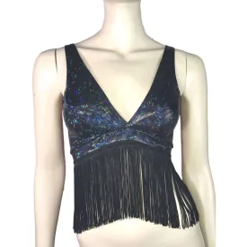 Black Shattered Glass Holographic Fringe Bralette