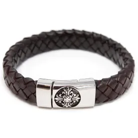 Braided Leather Bracelet with Flower Clasp Dark Brown Large