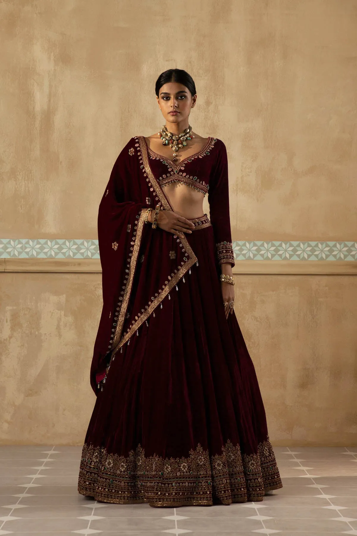 Burgundy Embroidered Velvet Lehenga