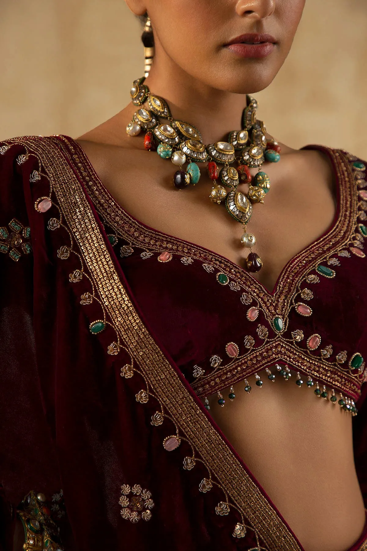 Burgundy Embroidered Velvet Lehenga