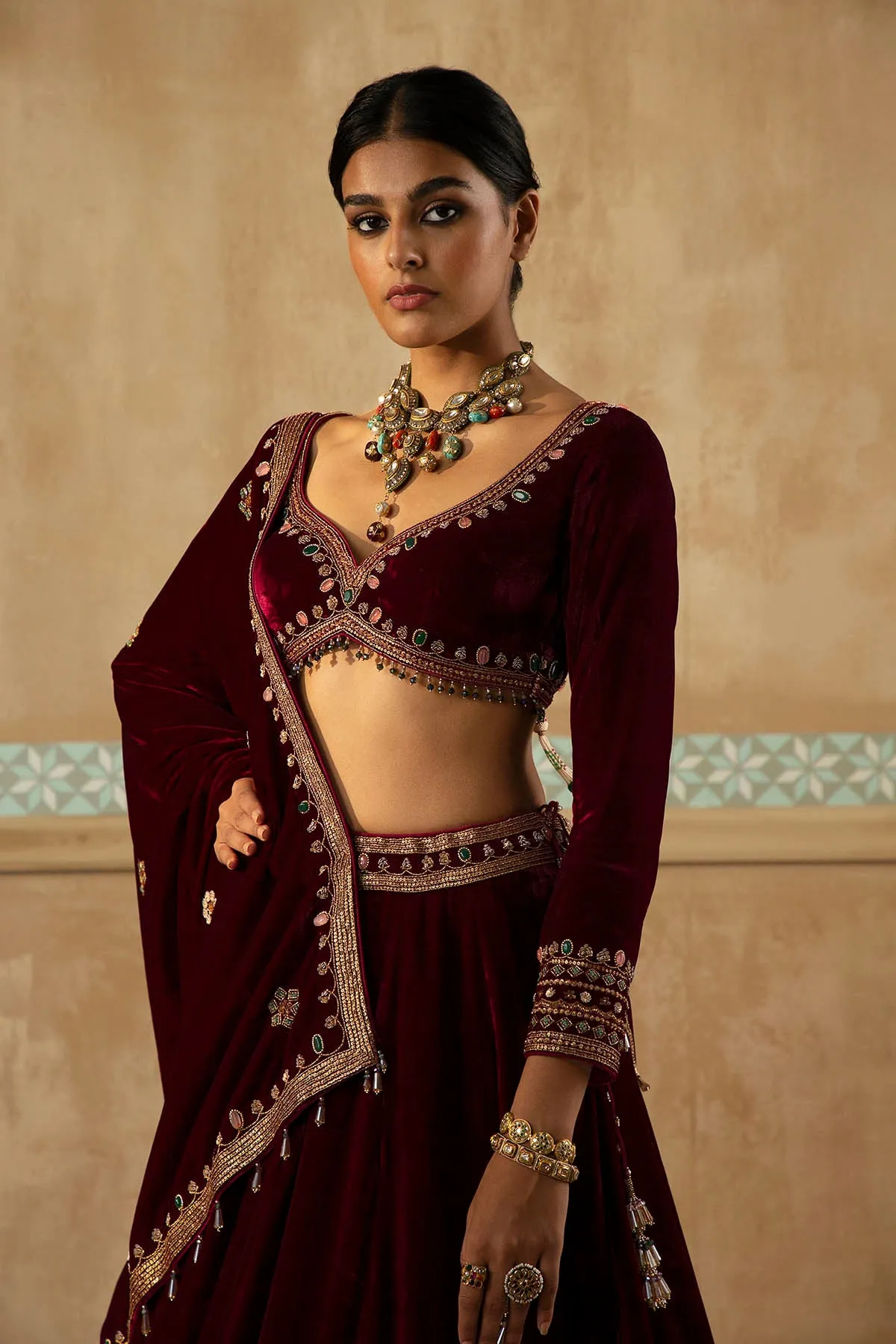 Burgundy Embroidered Velvet Lehenga