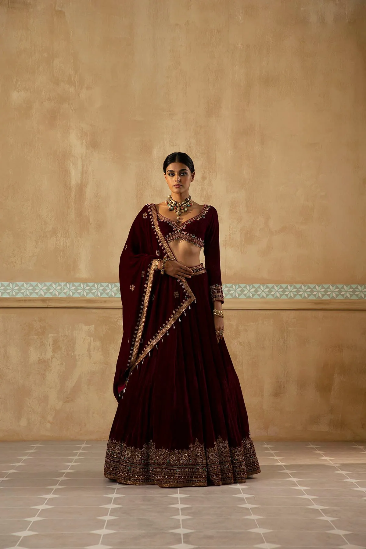 Burgundy Embroidered Velvet Lehenga