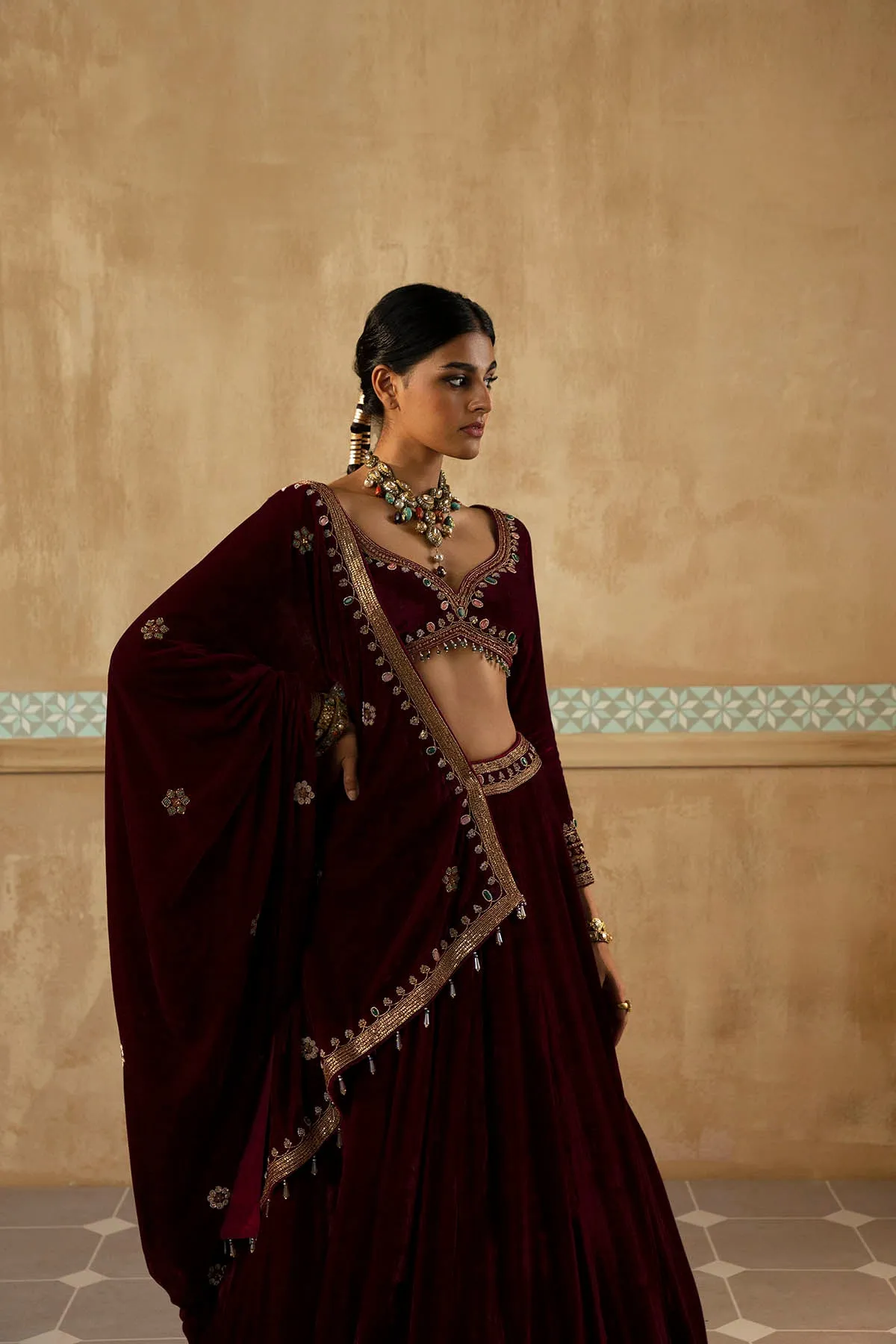 Burgundy Embroidered Velvet Lehenga