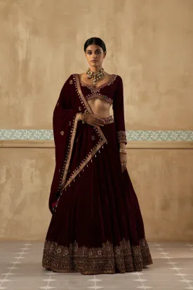 Burgundy Embroidered Velvet Lehenga