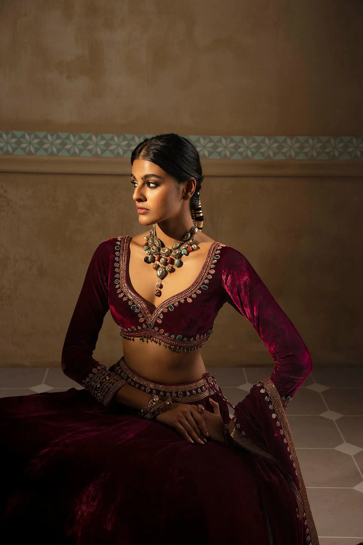 Burgundy Embroidered Velvet Lehenga