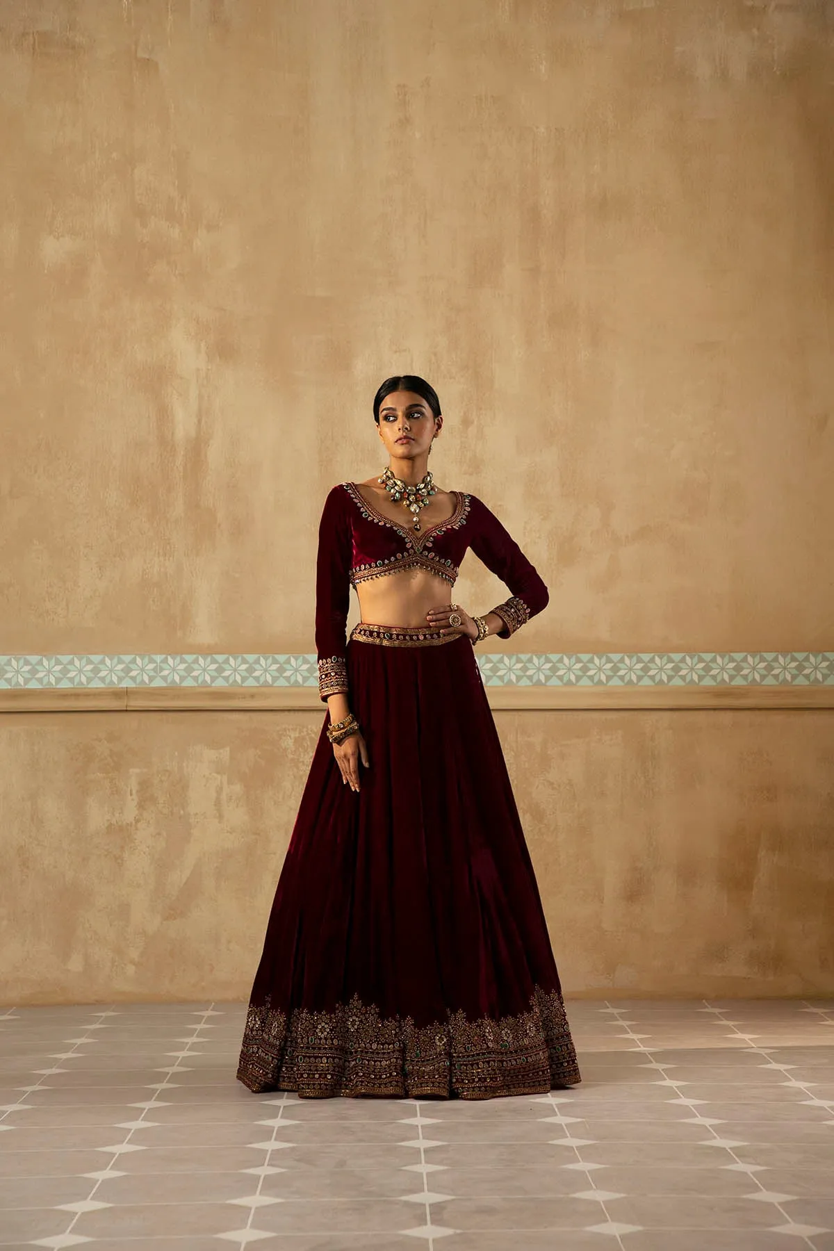 Burgundy Embroidered Velvet Lehenga