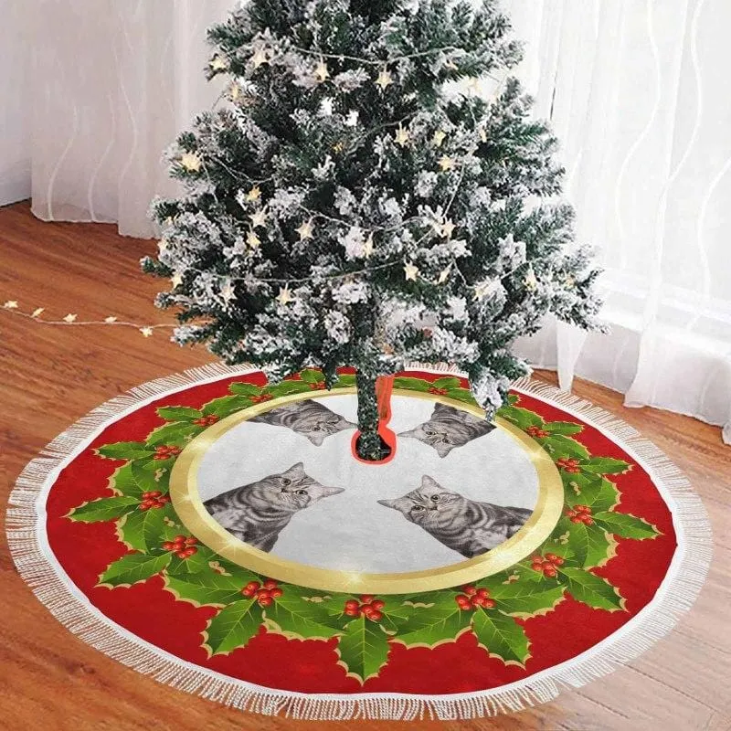 Custom Cat Face Green Leaves Christmas Tree Skirt With Tassel