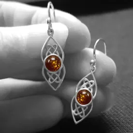 Dainty Silver Amber Celtic Earrings, Celtic Dangle Earrings