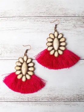 DIVA LIKE DOLLY WHITE HOWLITE FLORAL CONCHO FUCHSIA FRINGE EARRINGS