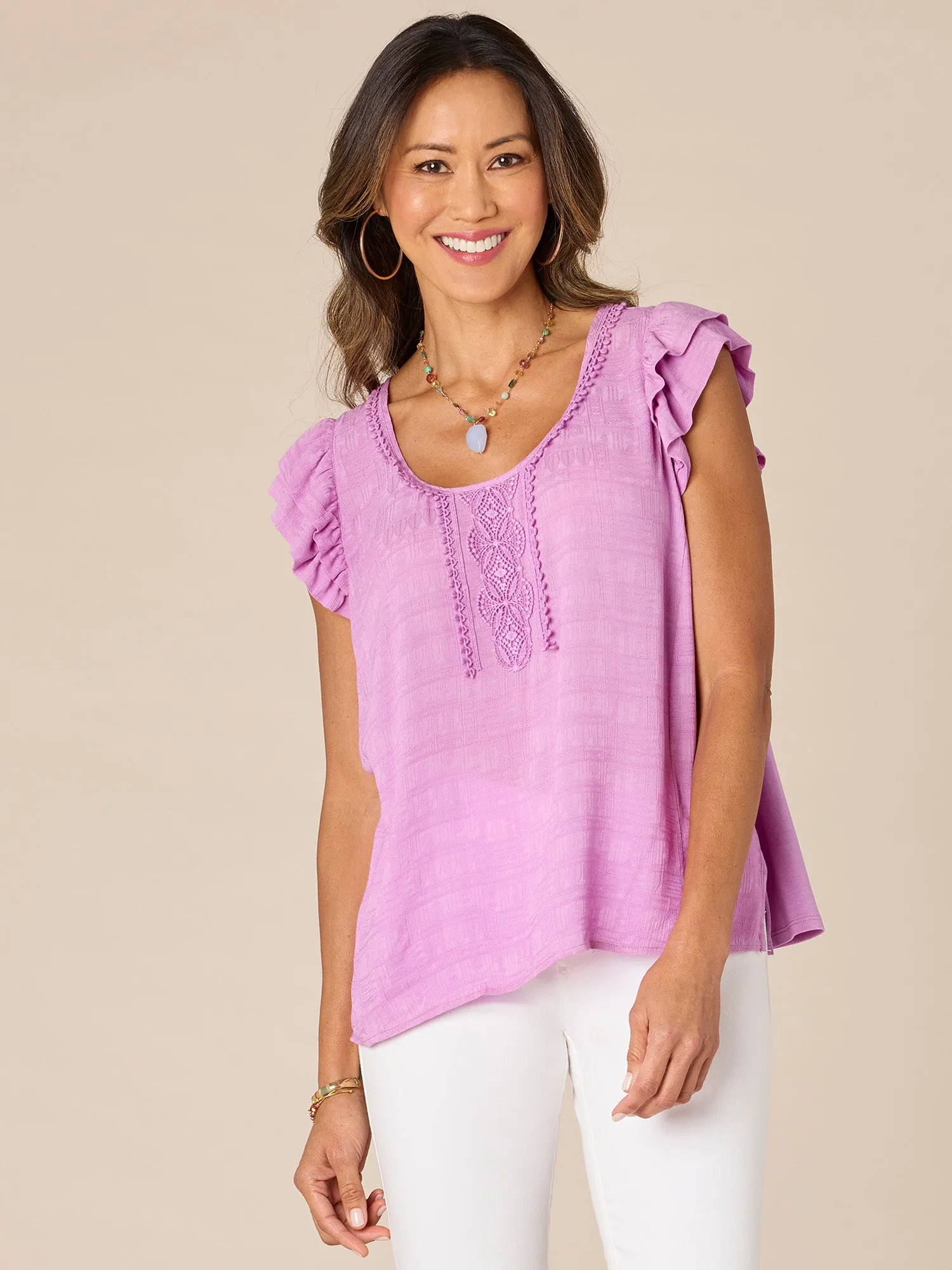 Double Ruffle Sleeve Crochet Fringe U-Neck Woven Tank Top