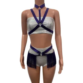 Fringe Harness Set in Purple Mystique Metallic | Cage Bra w/ Fringe Skirt and Choker