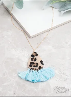 Full Leopard Teardrop Necklace with Fringe Tassels, Sky Blue