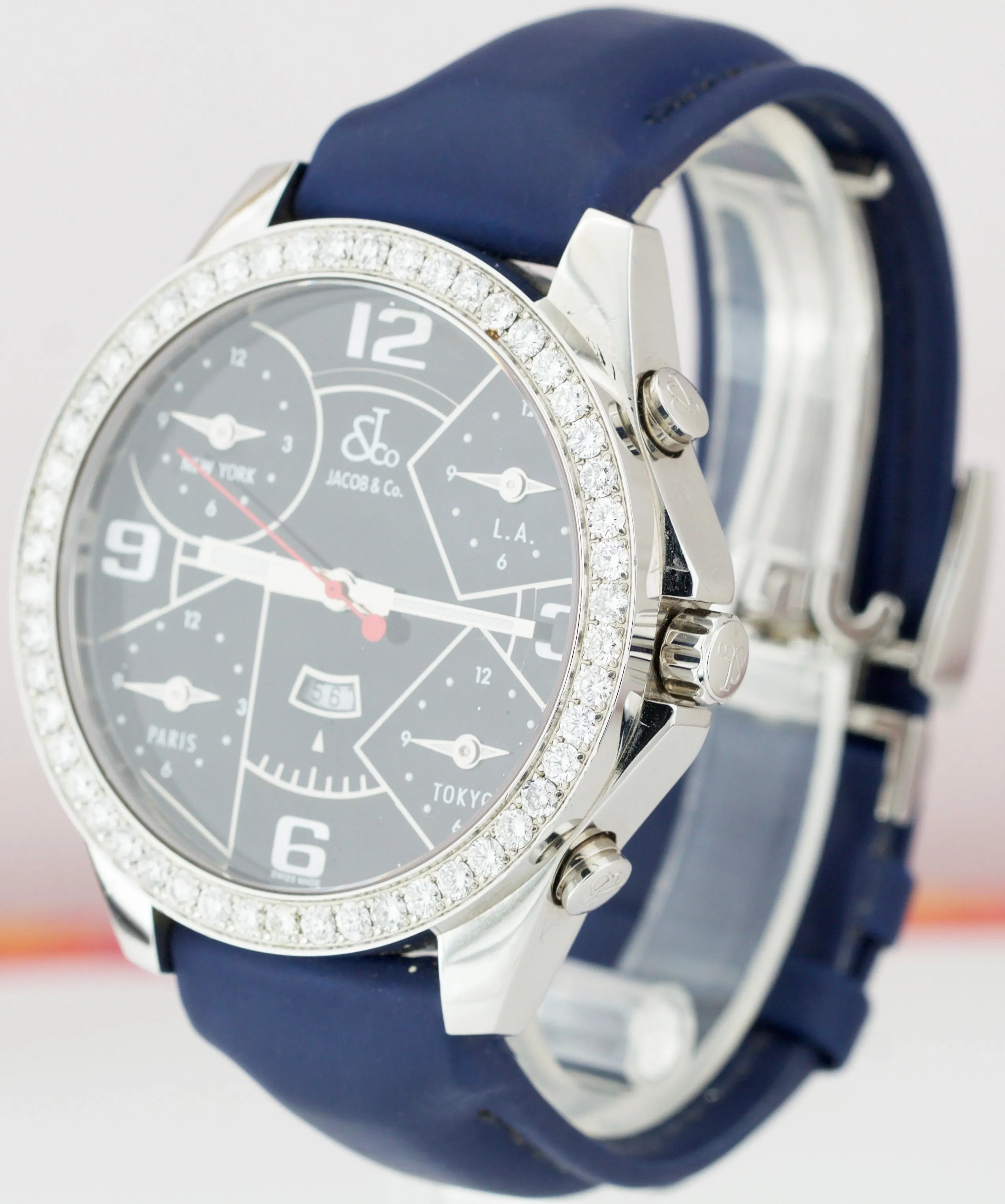 Jacob & Co. Five Time Zones DIAMOND BEZEL Black Dial 48mm Stainless Steel Watch