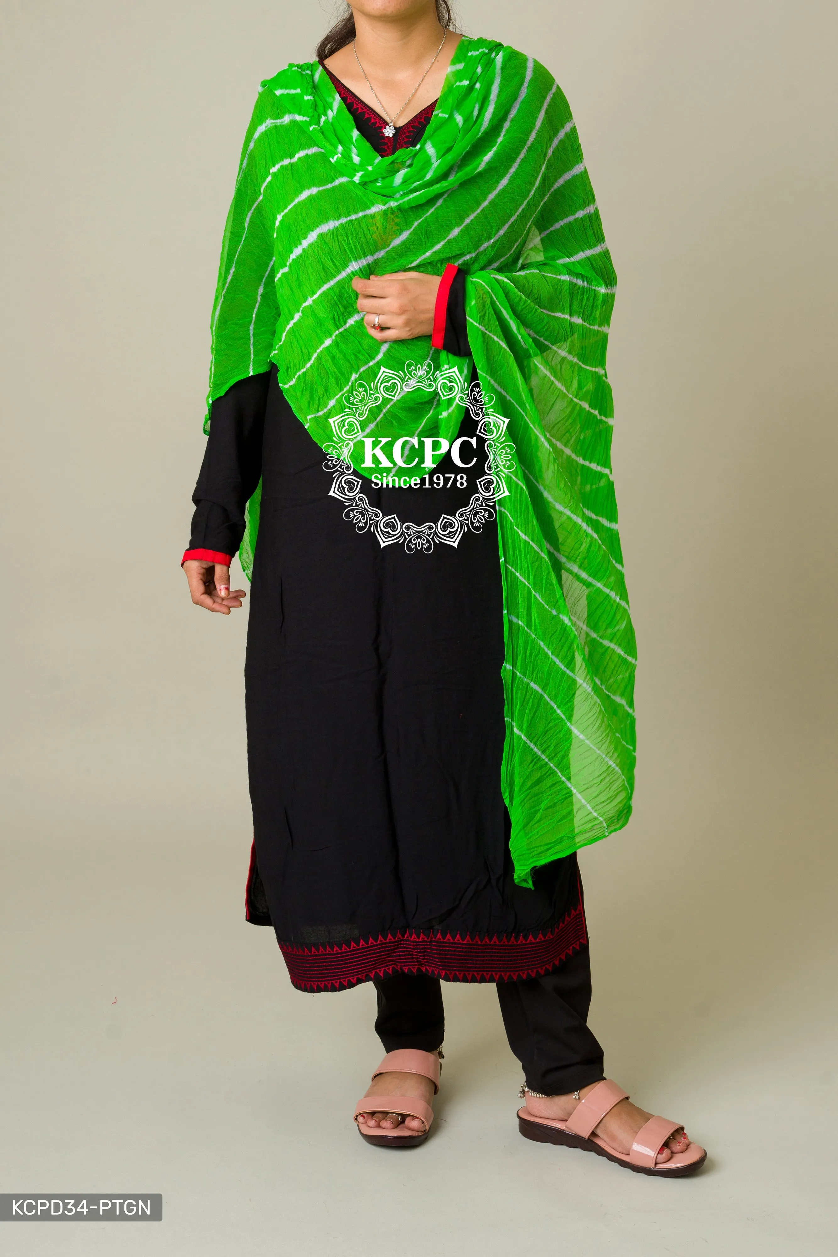 KcPc Originals Handmade Chiffon Leheriya Dupattas Parrot Green