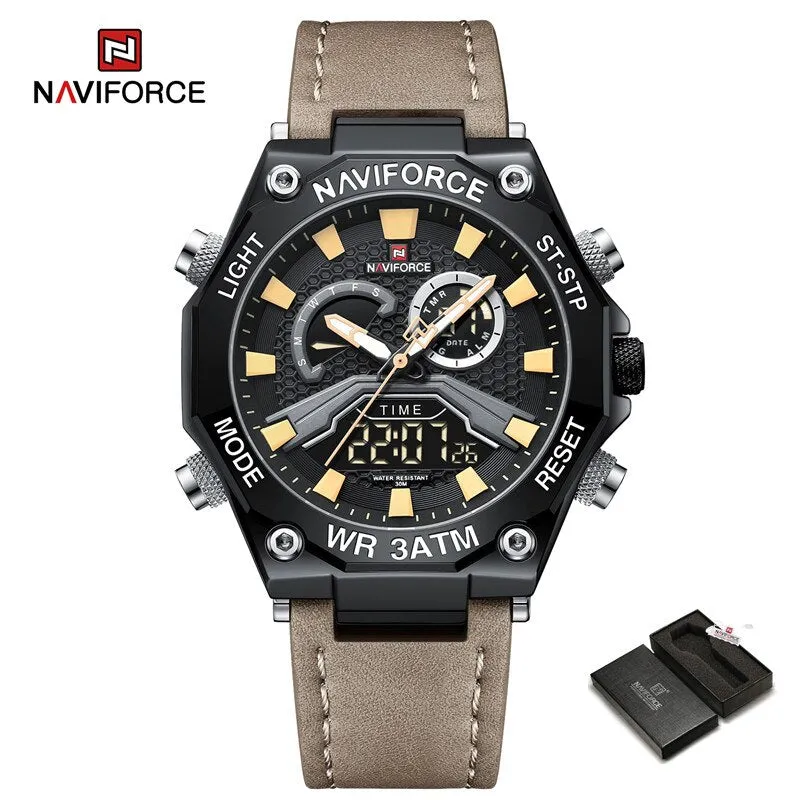 NAVIFORCE NF9220 Dual Display Digital Leather Strap Casual Sport Chronograph Clock Waterproof Quartz Men Watches Luxury 2023 New