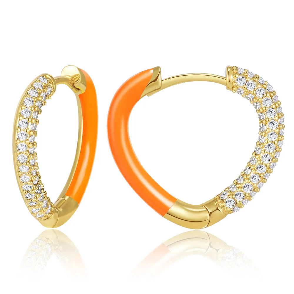 Orange Enamel Heart Huggie Hoop Earrings