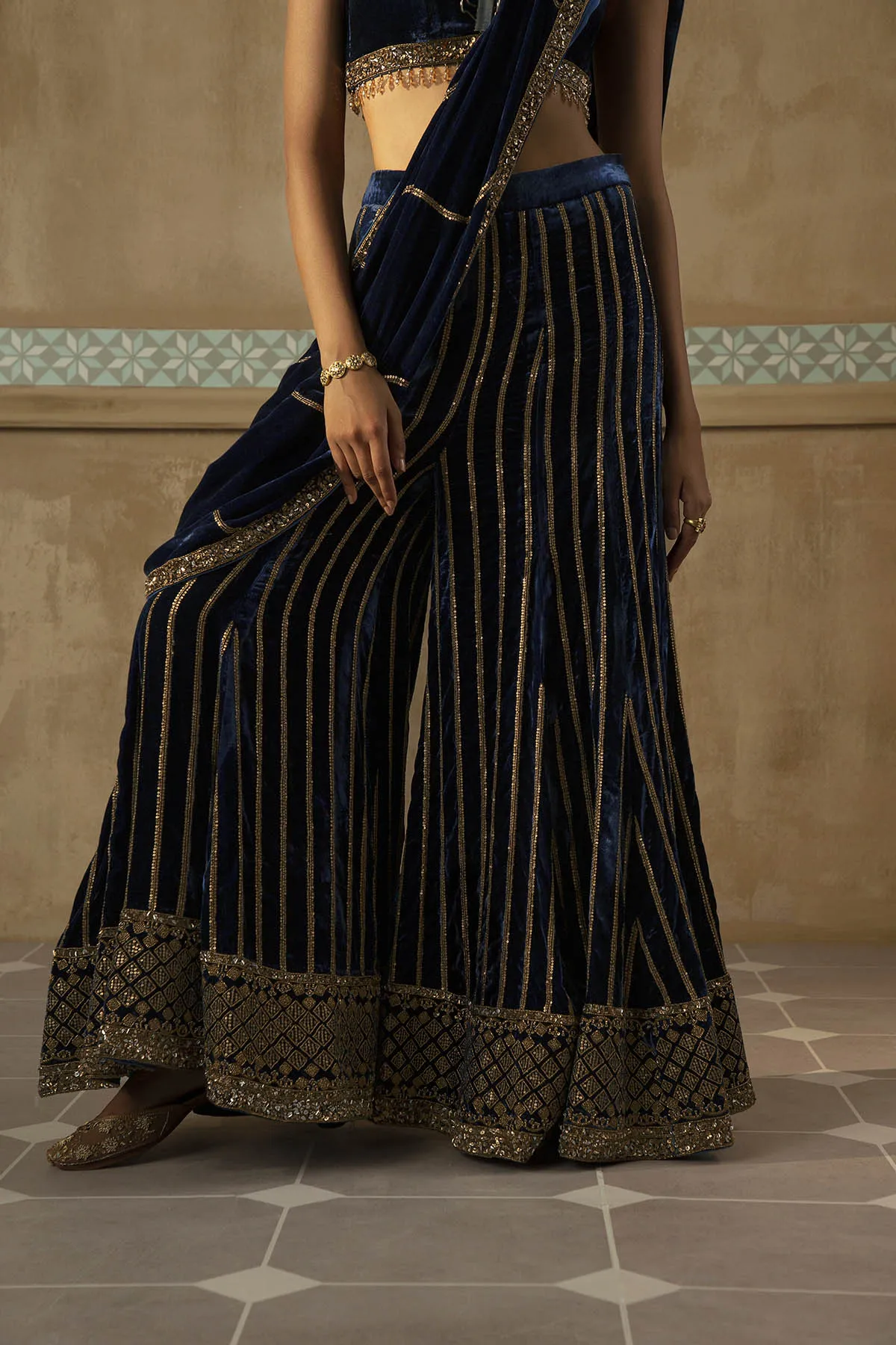 Peacock Blue Velvet Drape Sharara Set-RTS