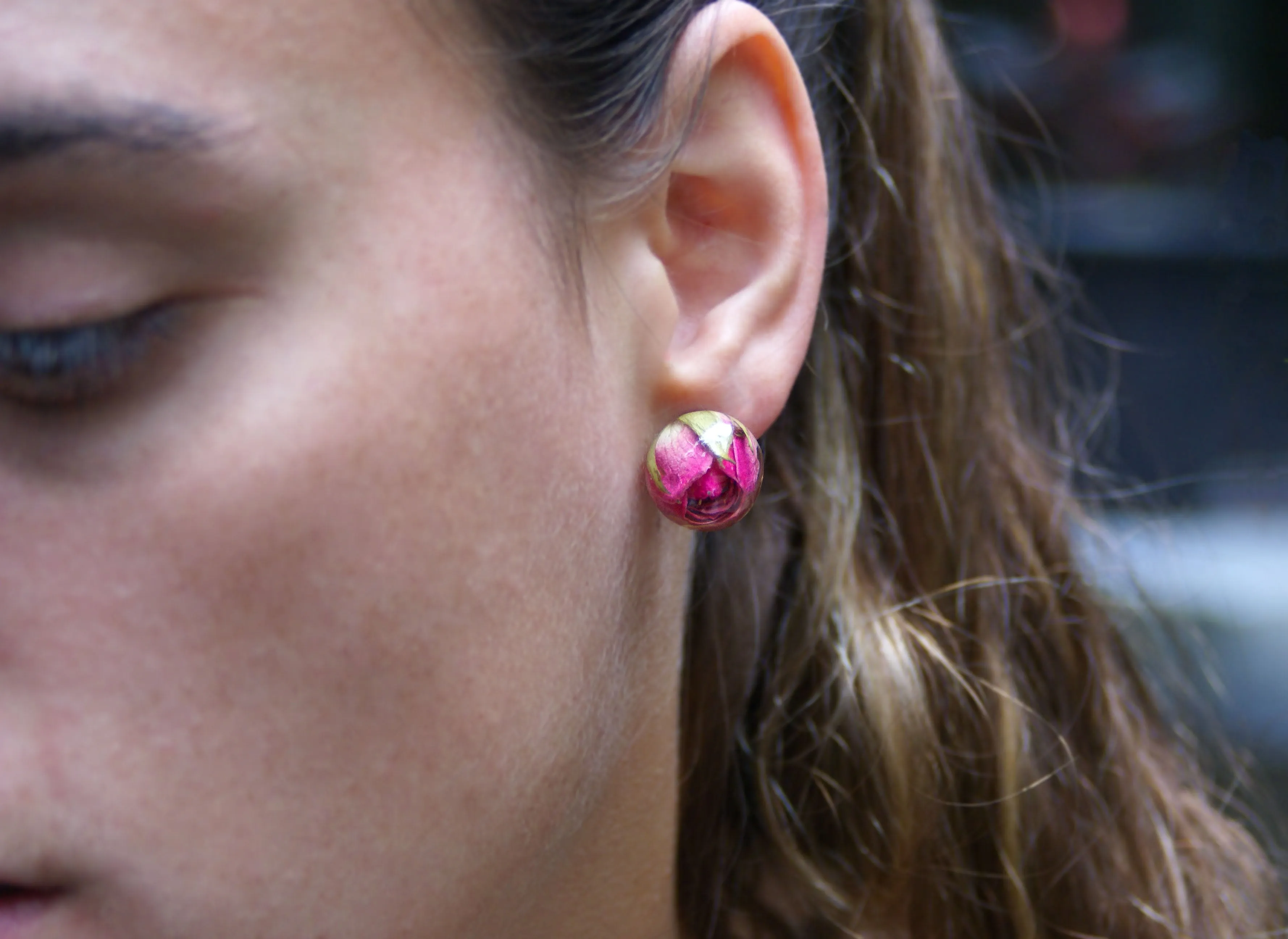 Pink Rose Bud Resin Earrings