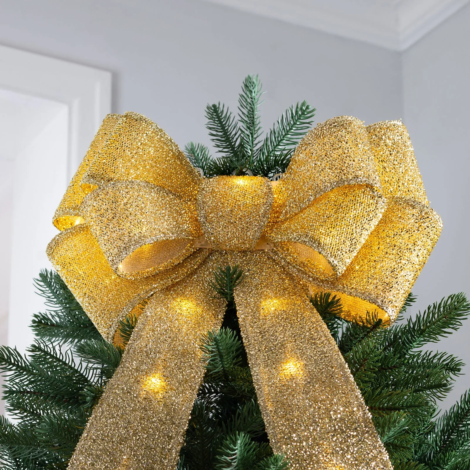 Pre-Lit Bow Tree Topper, Gold, 60 cm