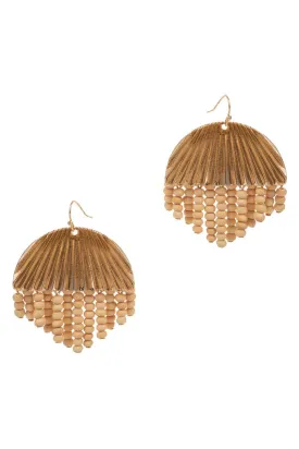 Round Wood Beaded Tassel Hook Earrings- Brown