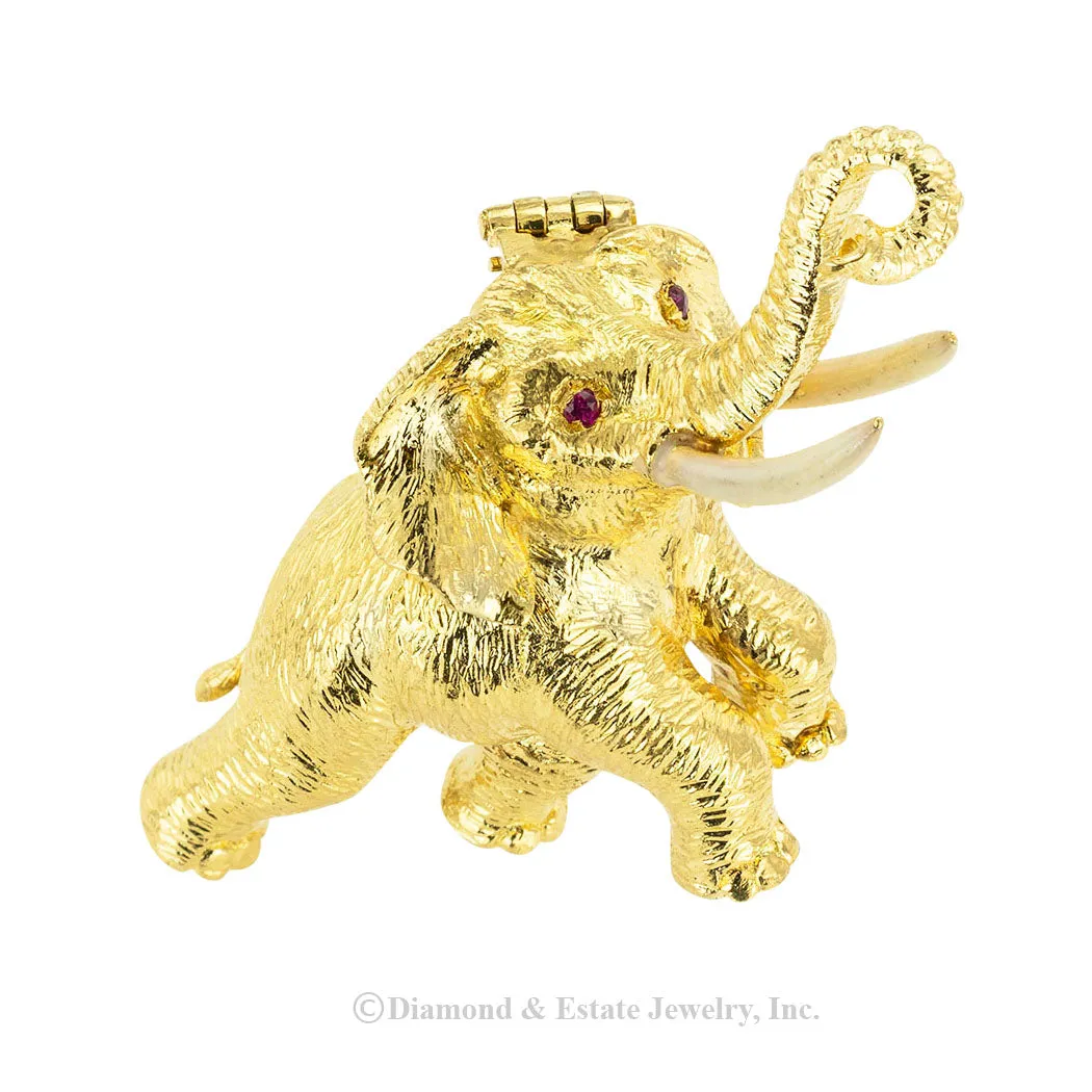 Ruby Enamel Yellow Gold Elephant Clip Brooch