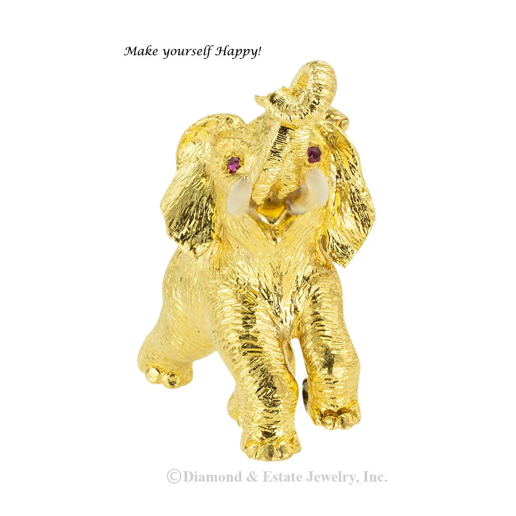 Ruby Enamel Yellow Gold Elephant Clip Brooch