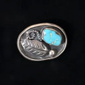 Signed Platero Navajo Old Pawn Sterling Turquoise Brooch, Vintage 70s, 7.7 Grams