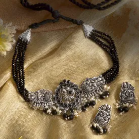 Teejh Darshika Silver Oxidised Pearl and Black Stones Choker Necklace Set