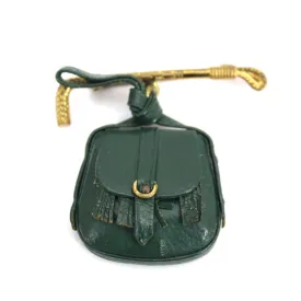 Vintage 1930s Equestrian Brooch Brass Horse Crop and Miniature Saddle Bag Green Leather